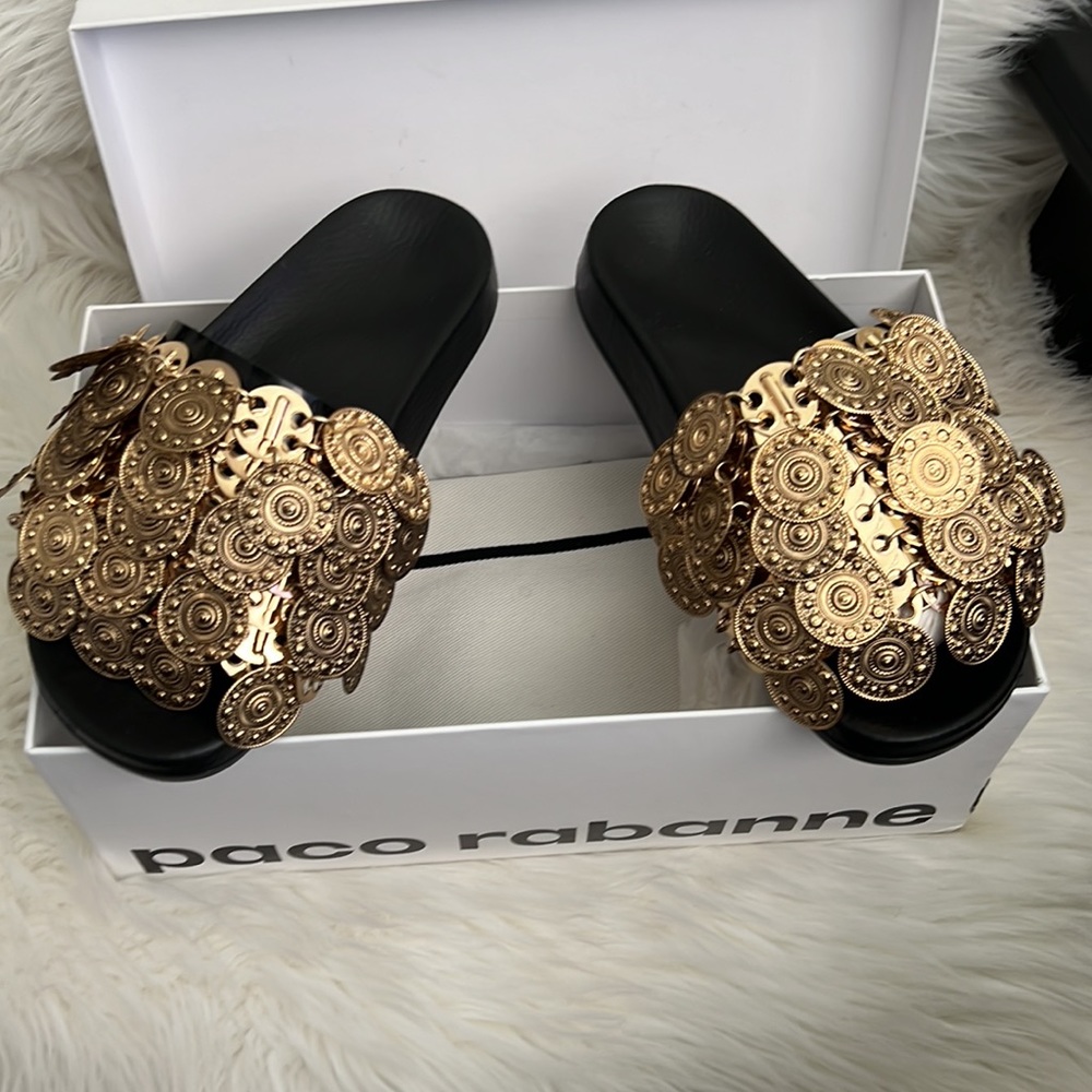 Paco Rabanne Tresor Pool Sandals with Aged Metal Coins medallions Sz 37